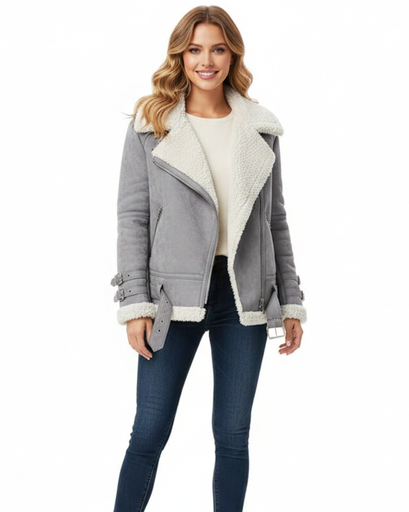 Avanna női pilóta bőrkabát – meleg pilóta kabát teddy béléssel és bőr részletekkel