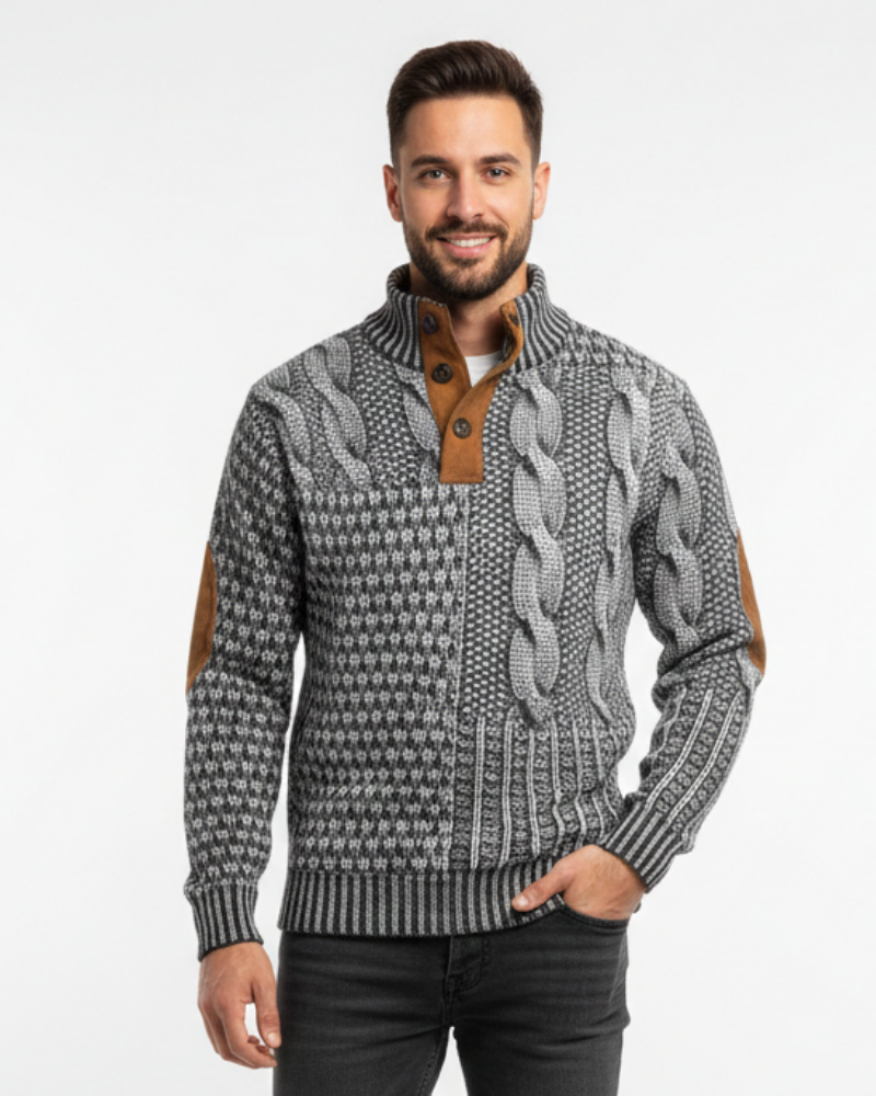 Aaron Pull Heren Patchwork – Col Opstaande Kraag met Knopen & Suède Details Regular Fit
