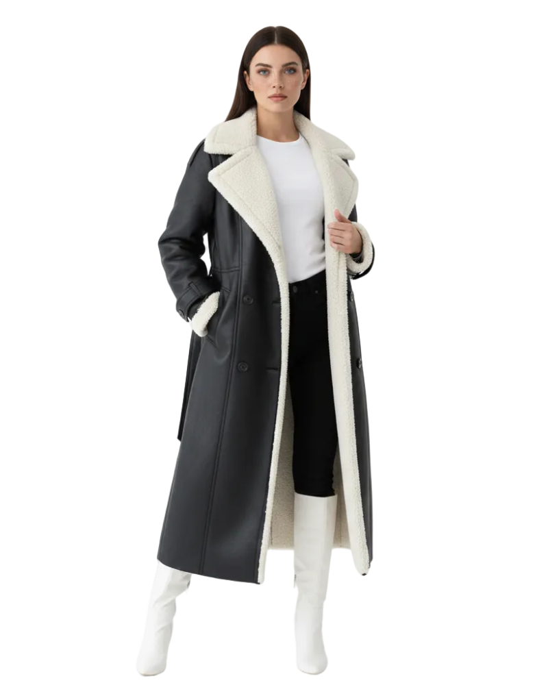 Rinna Manteau Long Femme – Veste Double Boutonnage Effet Suédé avec Col Doublé & Style Chic