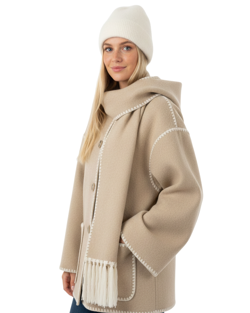 Georgie Damesmantel met Ingebreide Sjaal – Elegante Gewikkelde Jas van Warme Stof