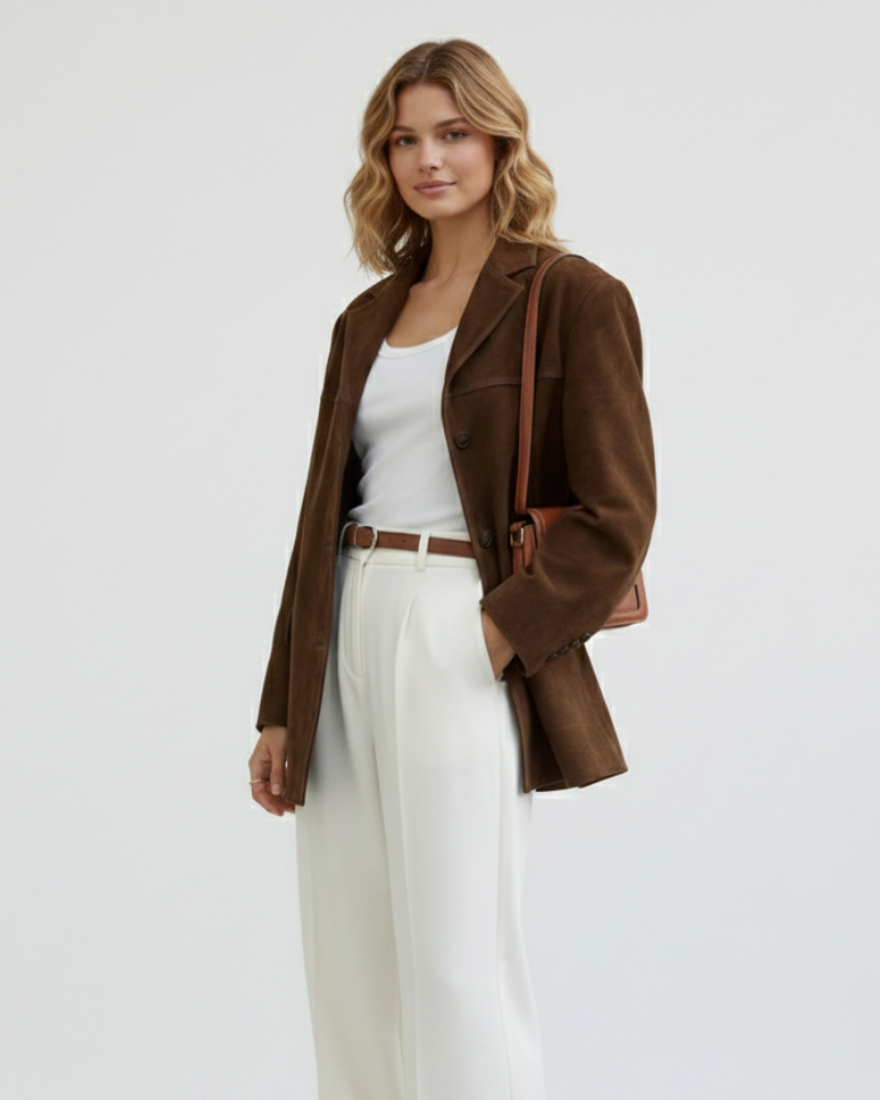 Marga-naisten bleiseri villakankaasta – tyylikäs ruskea takki modernilla leikkauksella ja joustavalla materiaalilla