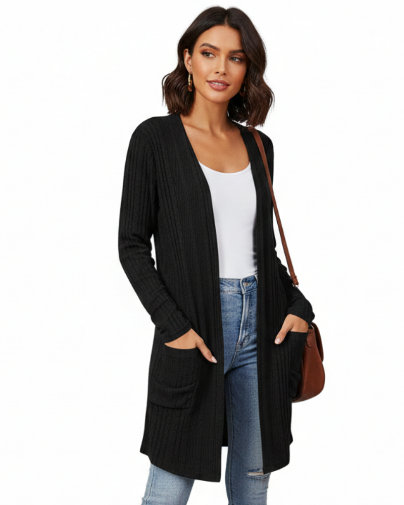 Isabelle Cardigan Lang Dame – Ribbestrikket Åpen Vest med Lommer & Avslappet Passform