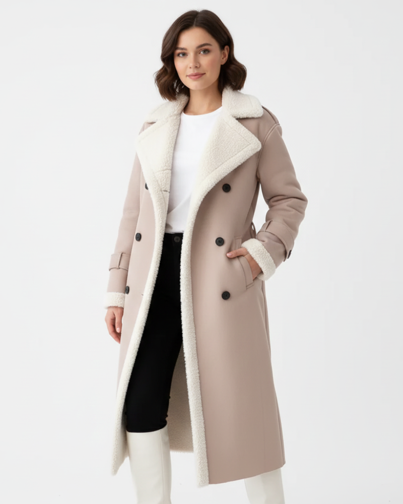 Rinna Manteau Long Femme – Veste Double Boutonnage Effet Suédé avec Col Doublé & Style Chic