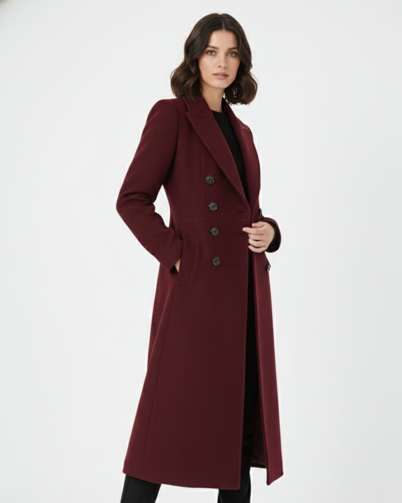 Vian Damen langer Mantel – Eleganter Wollmantel mit Revers & Doppelknopfleiste