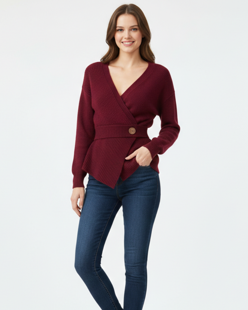 Brinley Dames Overlappende Trui – Geribbelde Brei, Gestructureerde V-hals & Elegante Vorm