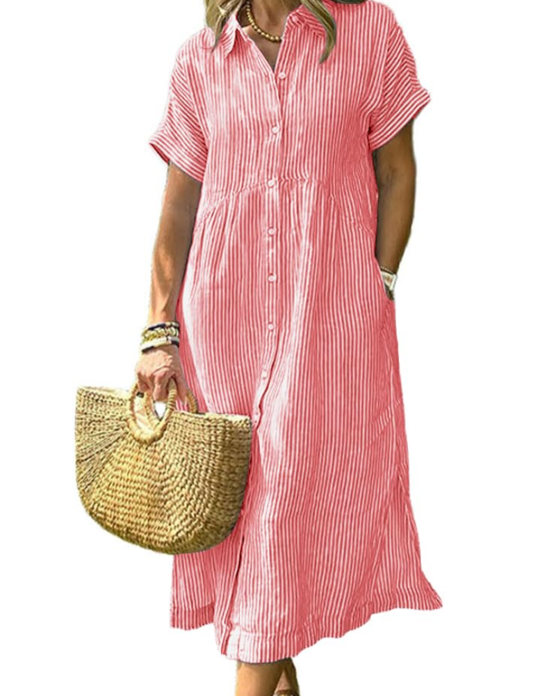 Vestaglia Camicia Donna Laylani – Righe Midi Con Bottoni, Maniche Corte e Taglio A-Line Fluido