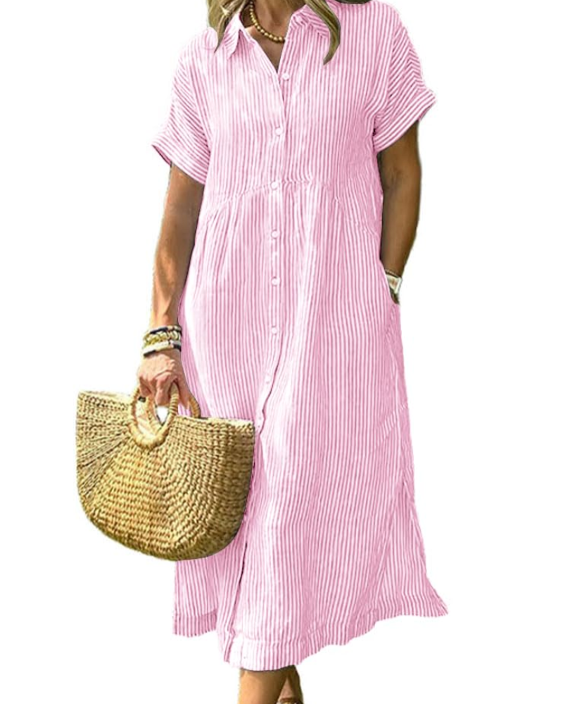 Vestaglia Camicia Donna Laylani – Righe Midi Con Bottoni, Maniche Corte e Taglio A-Line Fluido