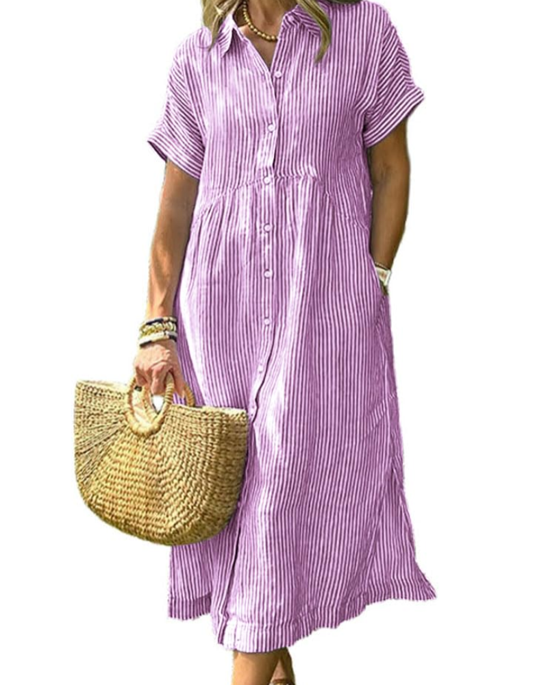 Vestaglia Camicia Donna Laylani – Righe Midi Con Bottoni, Maniche Corte e Taglio A-Line Fluido