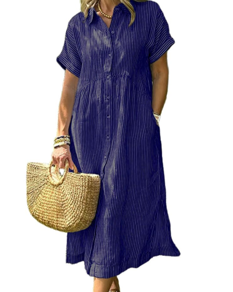 Vestaglia Camicia Donna Laylani – Righe Midi Con Bottoni, Maniche Corte e Taglio A-Line Fluido