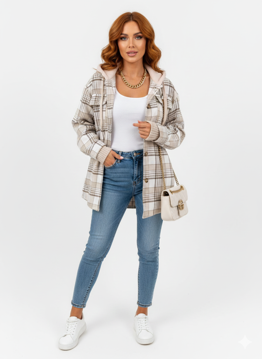 Lian Women's Hooded Coat – Warm Plaid Jacket with Casual Fit