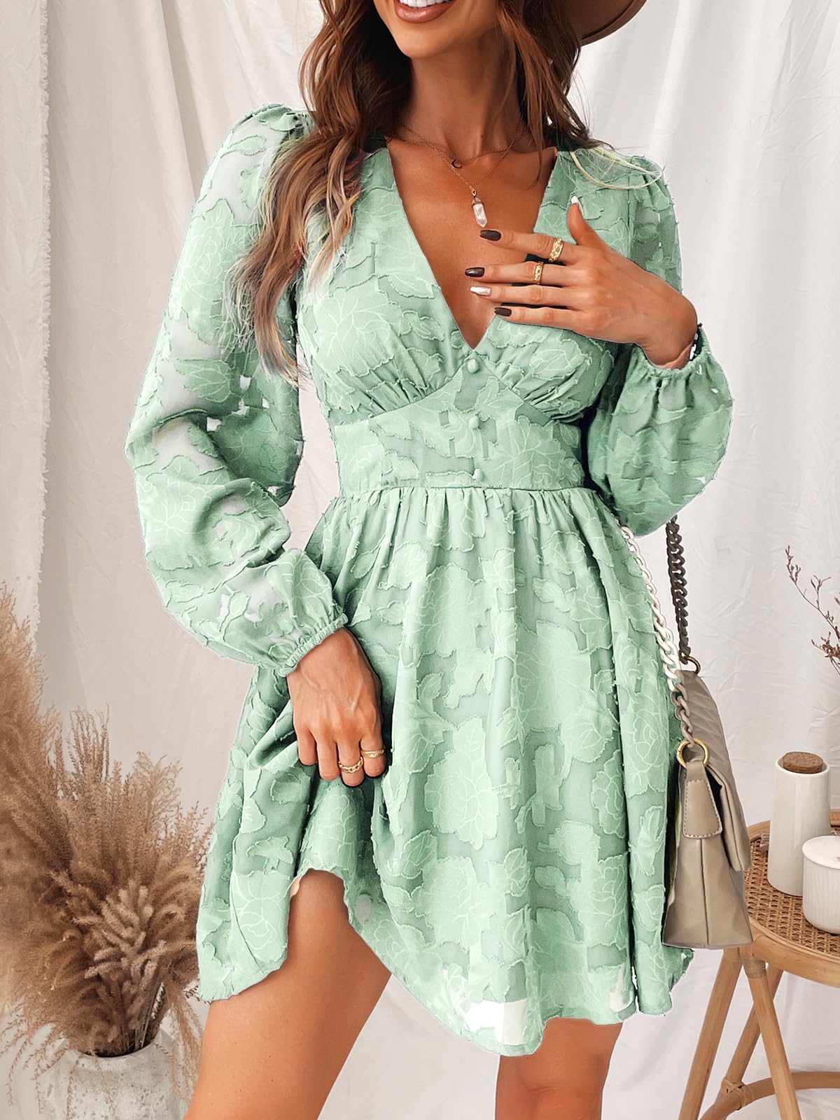 Virelle Φόρεμα Cupshe Femme – Φλοράλ Δαντέλα με V Λαιμόκοψη, Μακριά Μανίκια & Κομψή Γραμμή A-Line