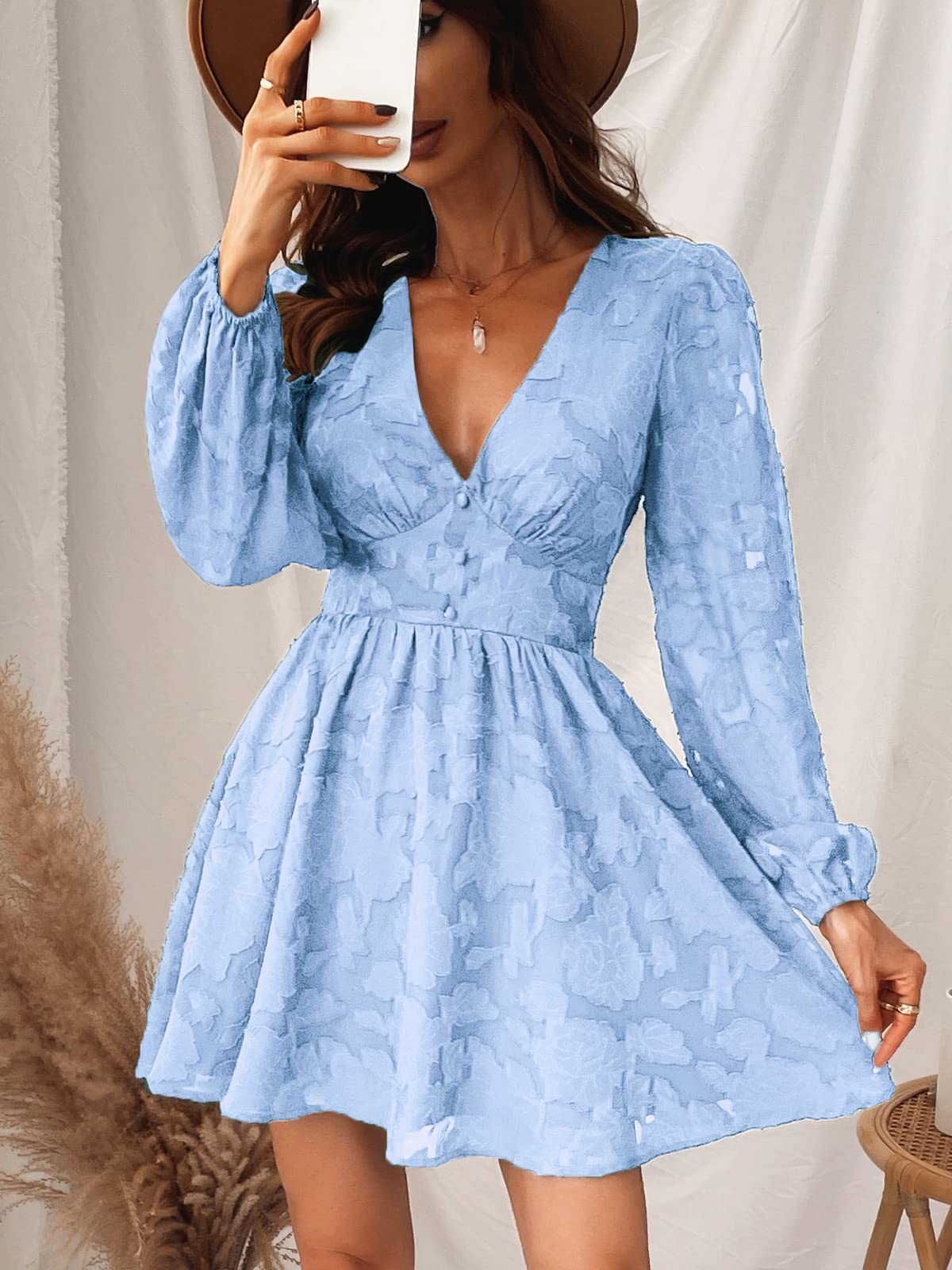 Virelle Φόρεμα Cupshe Femme – Φλοράλ Δαντέλα με V Λαιμόκοψη, Μακριά Μανίκια & Κομψή Γραμμή A-Line