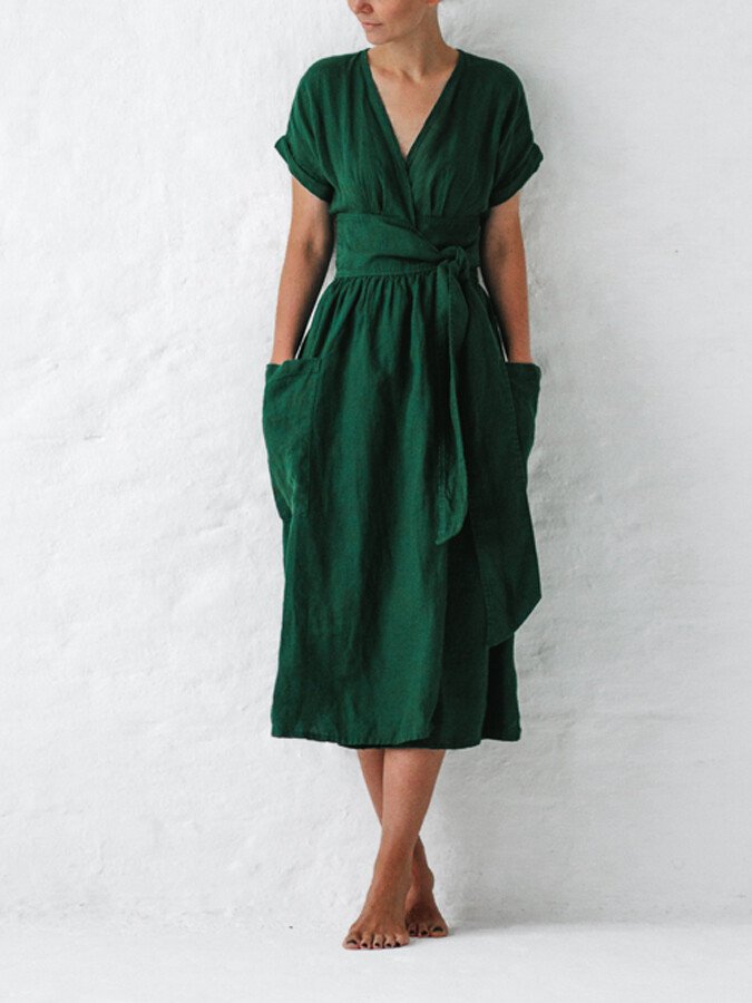 Léonie Robe Portefeuille en Lin Femme – Robe Élégante et Légère avec Coupe Ajustable Été
