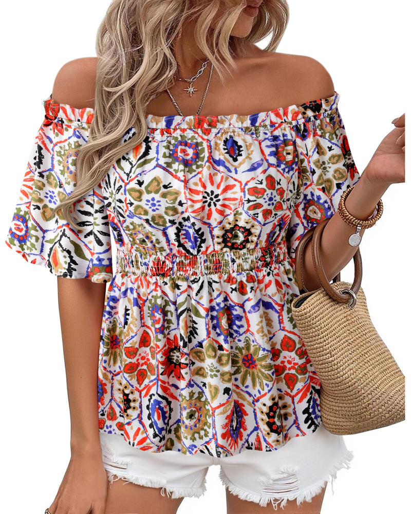 Lenora Top Femme – Blouse Off-Shoulder Péplum à Volants, Coupe Cintrée Élégante Été