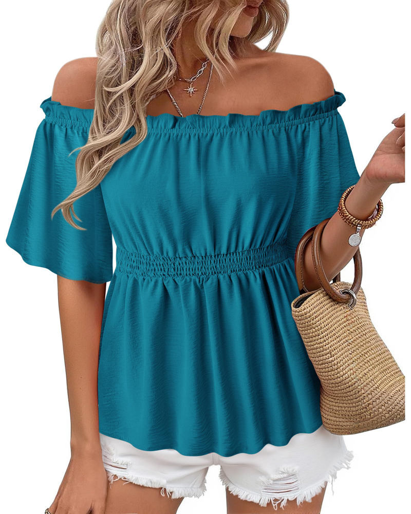 Lenora Top Femme – Blouse Off-Shoulder Péplum à Volants, Coupe Cintrée Élégante Été