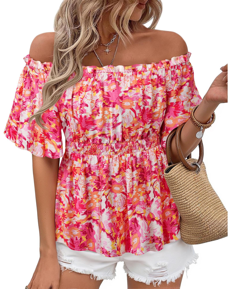 Lenora Top Femme – Blouse Off-Shoulder Péplum à Volants, Coupe Cintrée Élégante Été