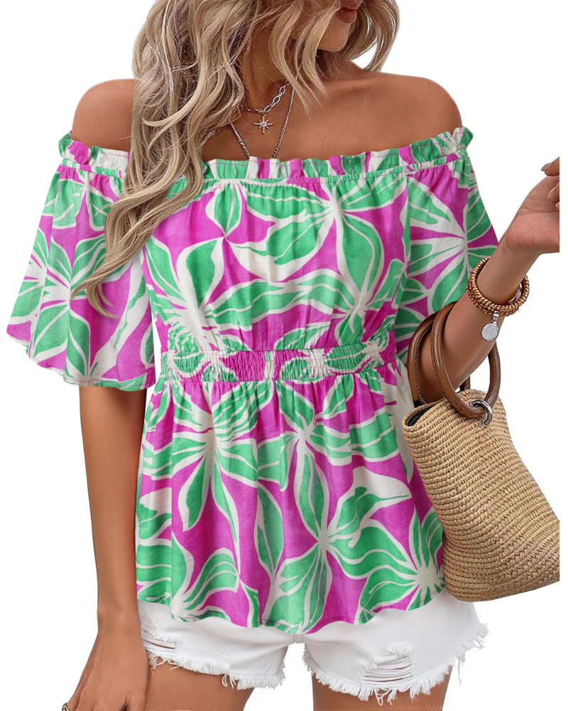 Lenora Top Femme – Blouse Off-Shoulder Péplum à Volants, Coupe Cintrée Élégante Été