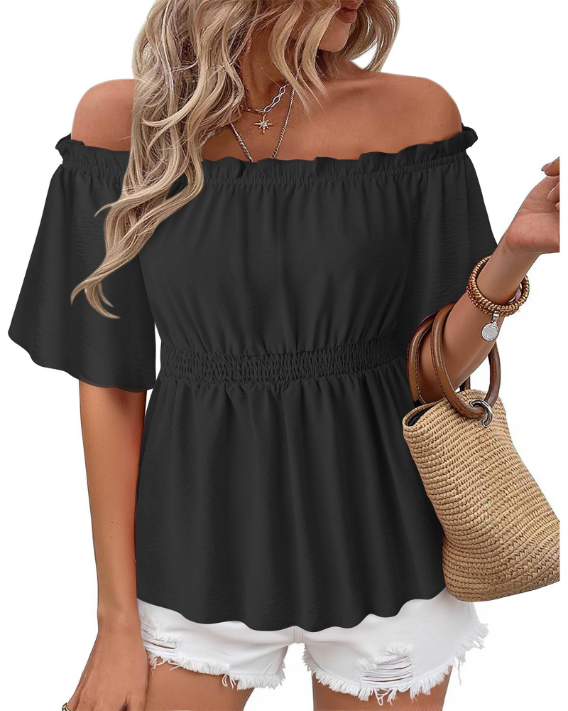 Lenora Top Femme – Blouse Off-Shoulder Péplum à Volants, Coupe Cintrée Élégante Été