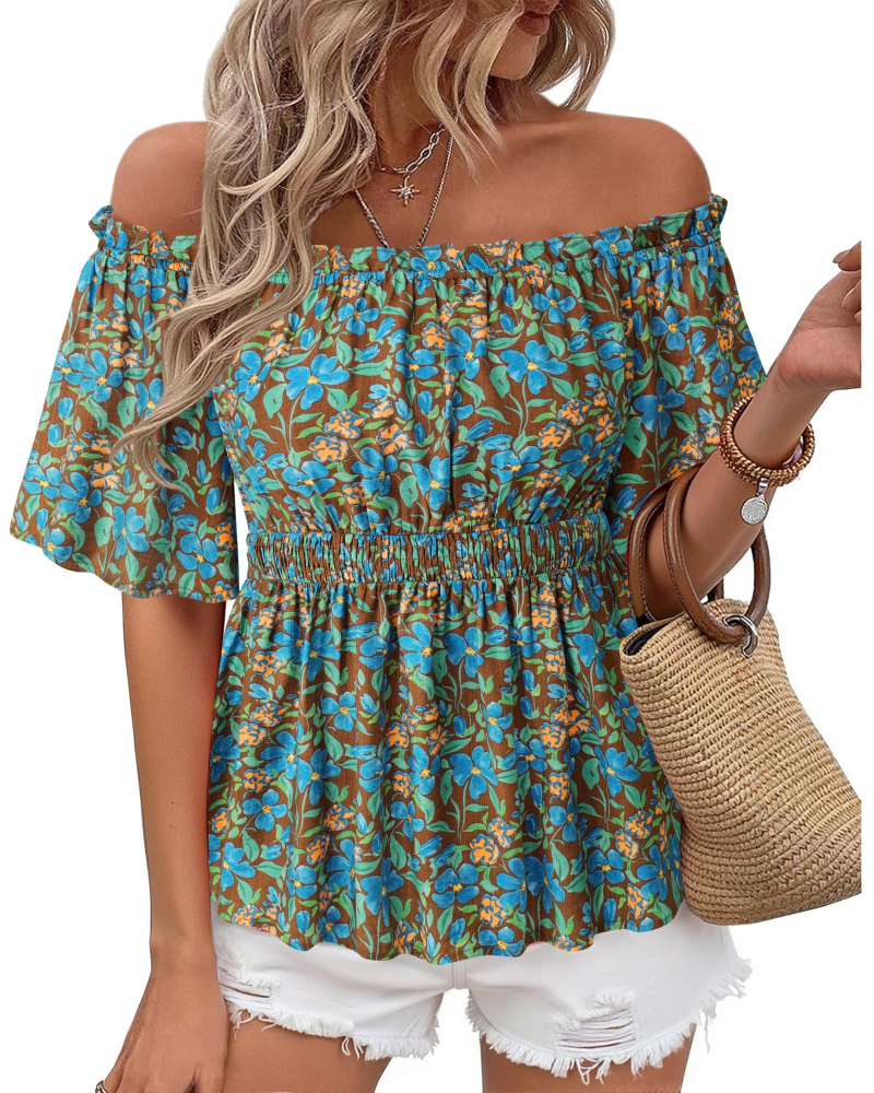 Lenora Top Femme – Blouse Off-Shoulder Péplum à Volants, Coupe Cintrée Élégante Été