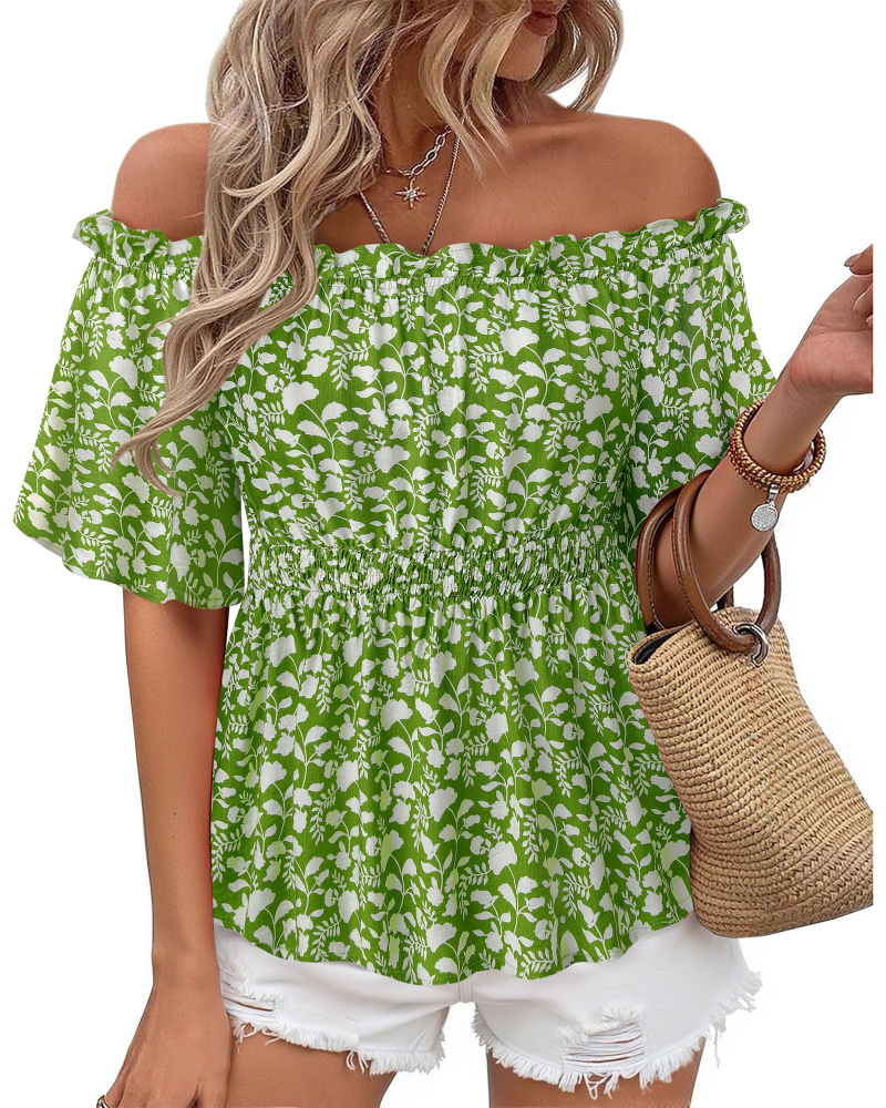 Lenora Top Femme – Blouse Off-Shoulder Péplum à Volants, Coupe Cintrée Élégante Été