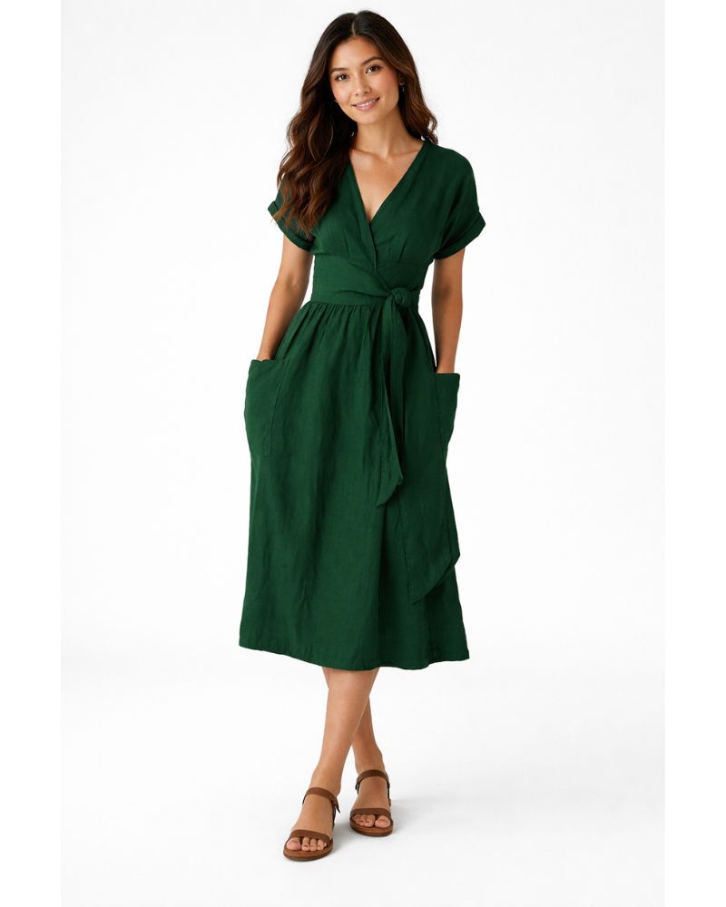 Lottie Robe Portefeuille en Lin – Élégante Robe en Lin Naturel Fraîche et Confortable