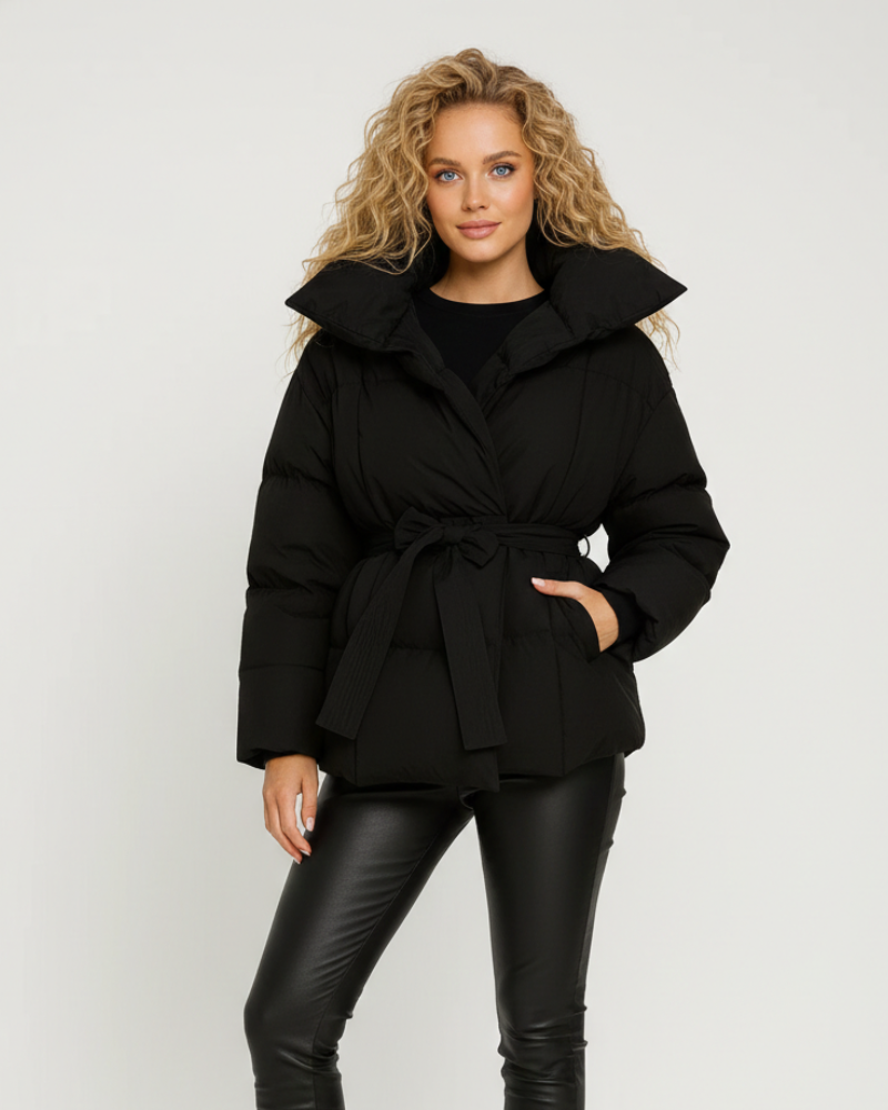 Micah Dames Gewatteerde Donsjas met Tailleband – Oversized Kraag, Warme Stiksels & Hedendaagse Stijl