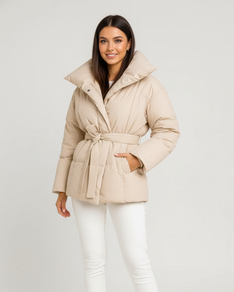 Micah Dames Gewatteerde Donsjas met Tailleband – Oversized Kraag, Warme Stiksels & Hedendaagse Stijl