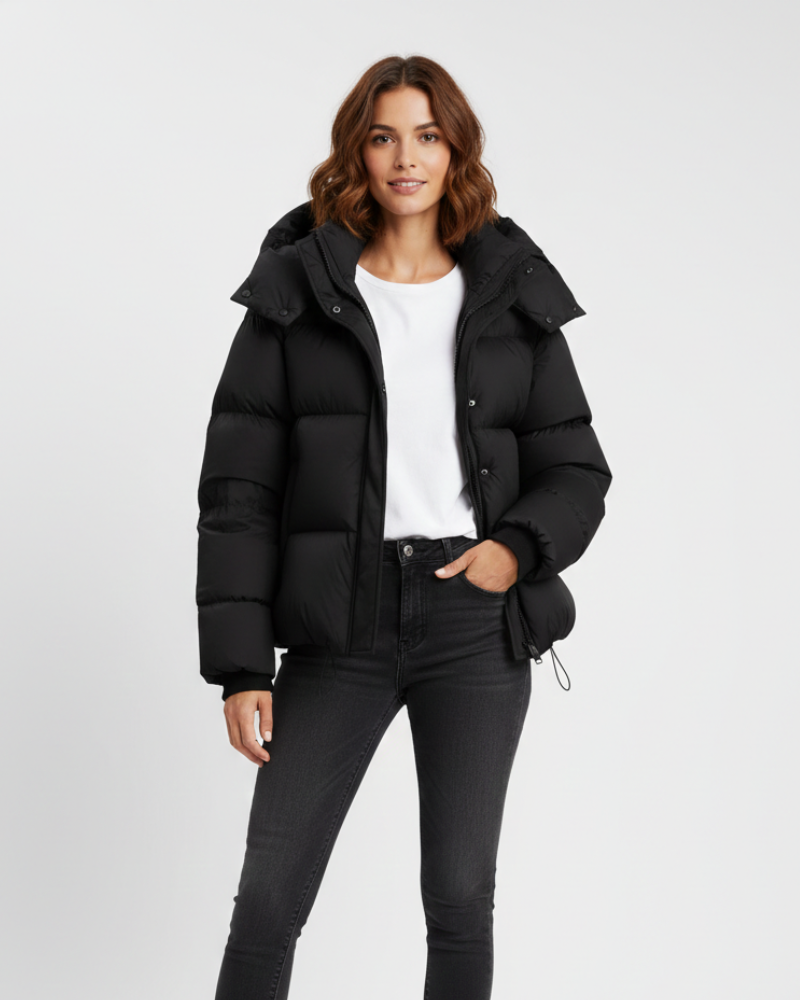 Miles Korte Donsjas Dames – Gewatteerd Volume, Ingebouwde Kap & Moderne Stijl