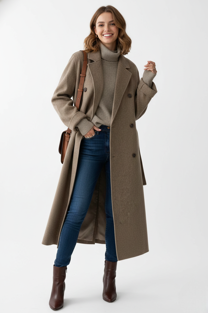 Mabelle Damen langer Mantel – Wintermantel mit doppelter Knopfleiste, eleganter und moderner Schnitt