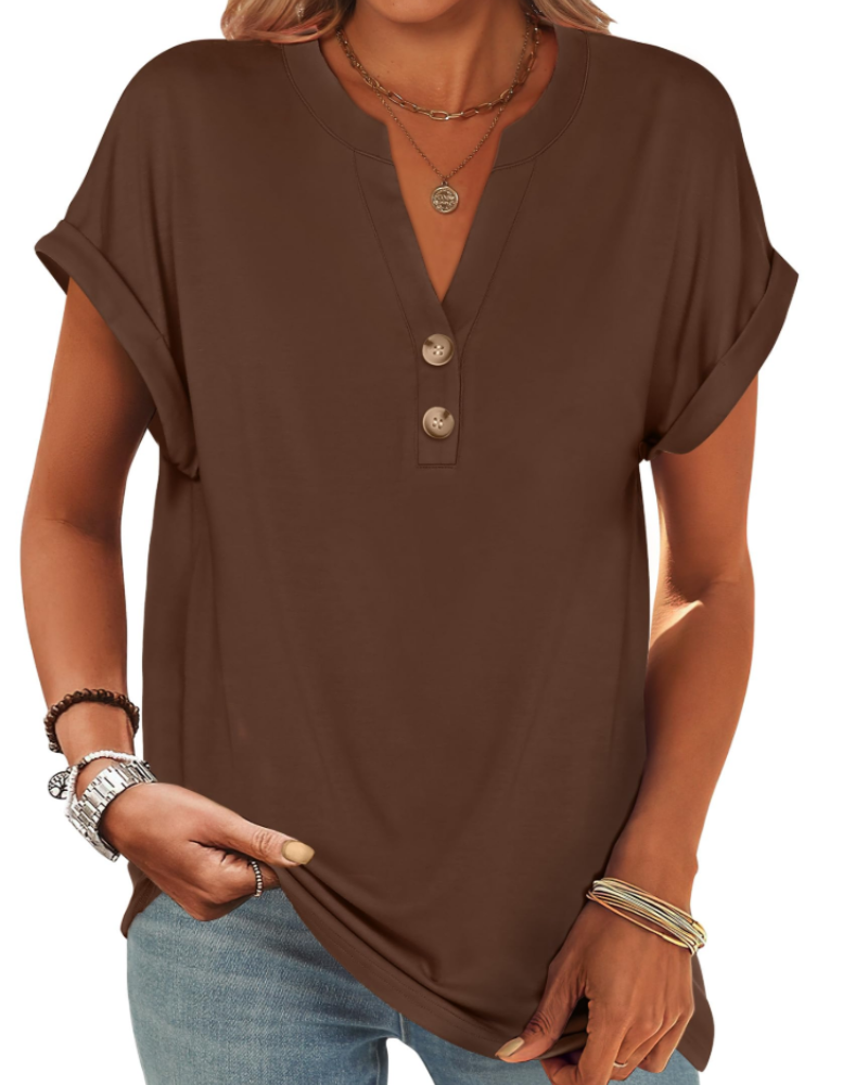 Manon Top Femme – Μπλούζα Henley με V λαιμόκοψη και κουμπιά, Αέρινη κομψή casual καλοκαιρινή γραμμή