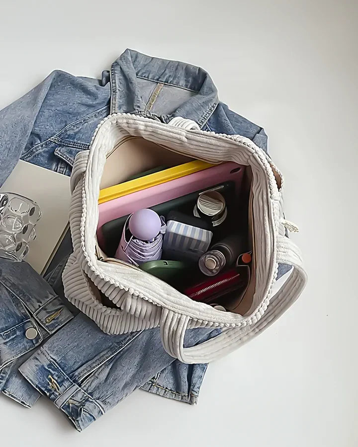 Marijn Sac Cabas Femme – Tote Tas Ribstrikket med Snordetaljer & Stor Opbevaringsplads