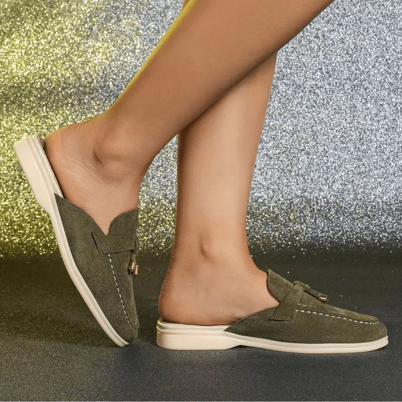 Mori damesko – grønne sommermules med frynsepynt og komfortabel såle