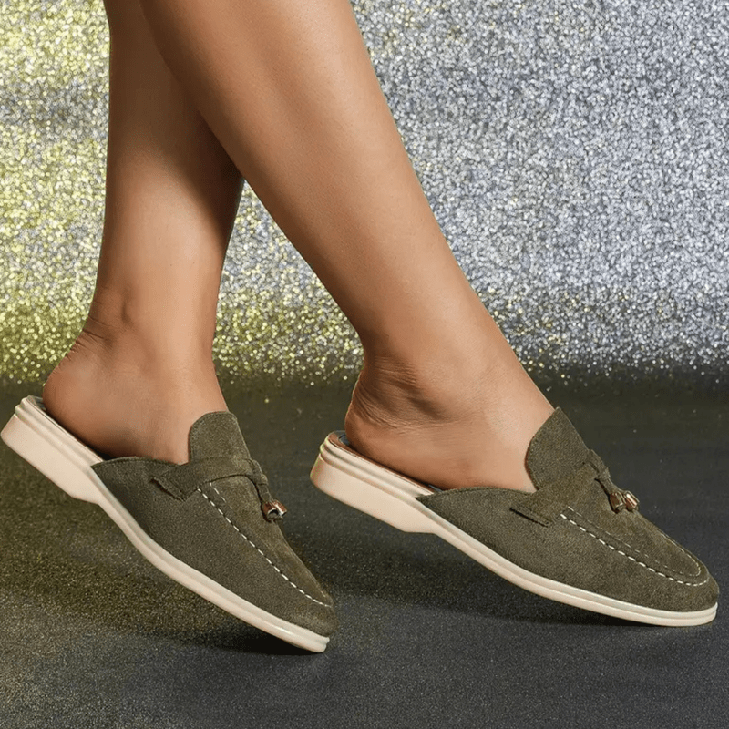 Mori damesko – grønne sommermules med frynsepynt og komfortabel såle