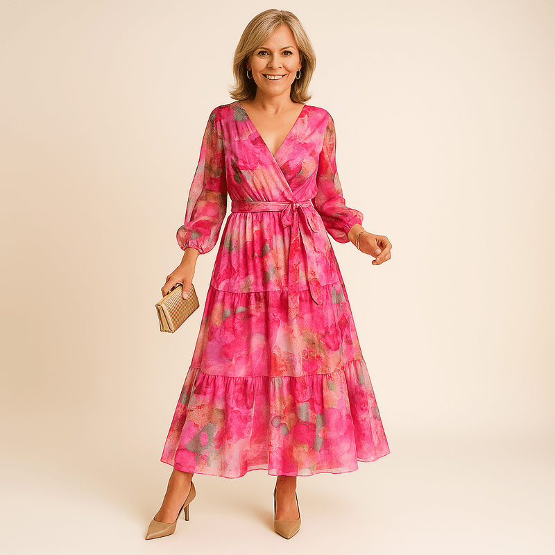 Elise lange jurk voor dames - col met revers, abstracte print, ceintuur en lange mouwen voor evenementen