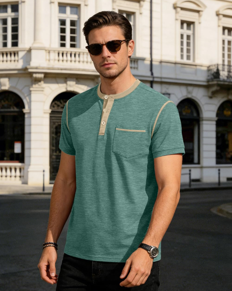 Manny T-Shirt Henley Homme – Tee-Shirt Col Boutonné Color Block Été Casual