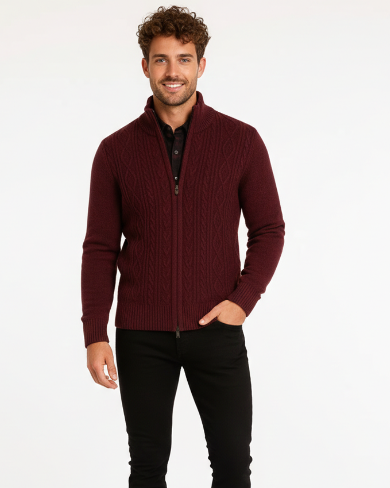 Noah Gilet Zippé Homme – Maille Torsadée, Col Montant & Élégance Hivernale