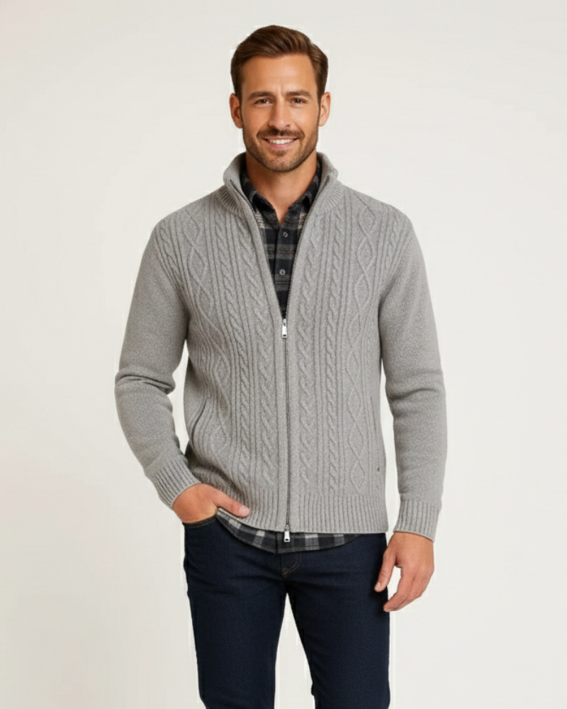 Noah Gilet Zippé Homme – Maille Torsadée, Col Montant & Élégance Hivernale