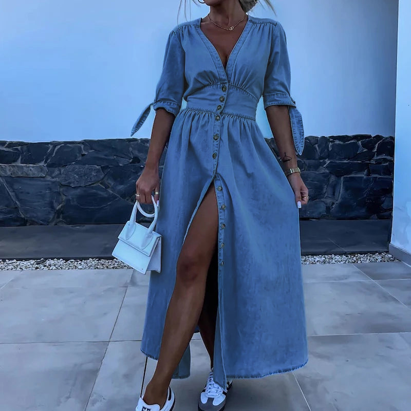 Jane kjole i jeans til kvinder – lang denimkjole med knapper og afslappet feminint look