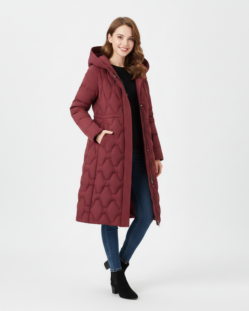 Nicole Manteau Lang Dame med Hætte – Elegant Quiltet, Varme & Vinterstil