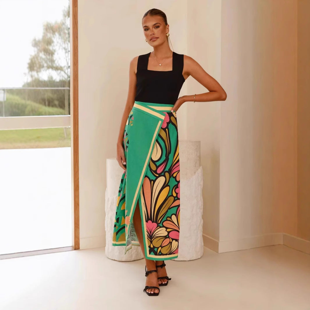 Macy Jupe Midi Femme – Taille Haute Portefeuille med slids & elegant abstrakt print