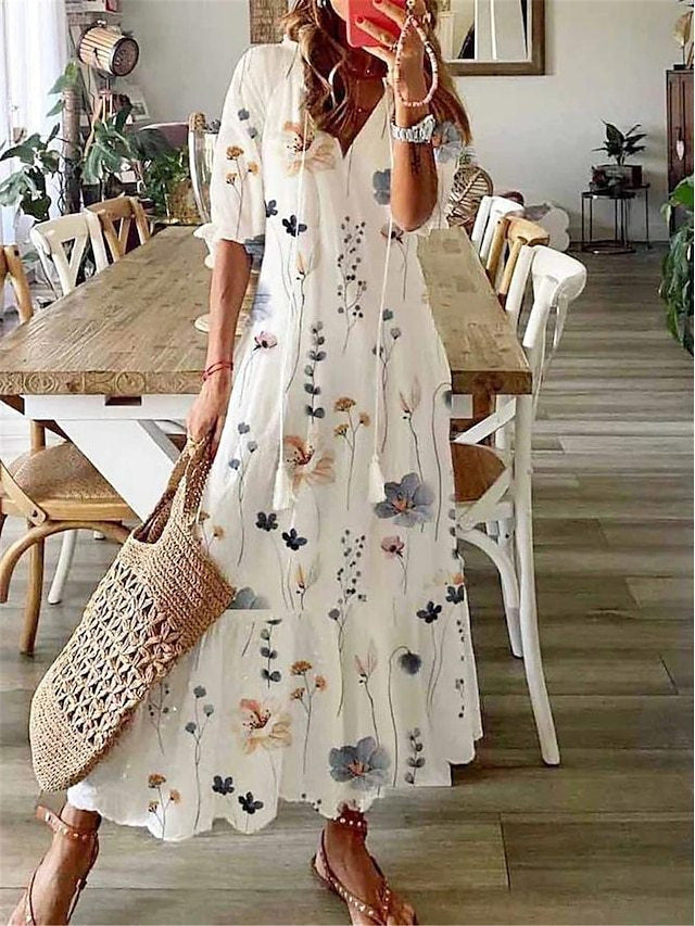 Amelia Lange Damesjurk – Elegante Vintage Jurk met Vloeiende Snit & Verfijnd Detail