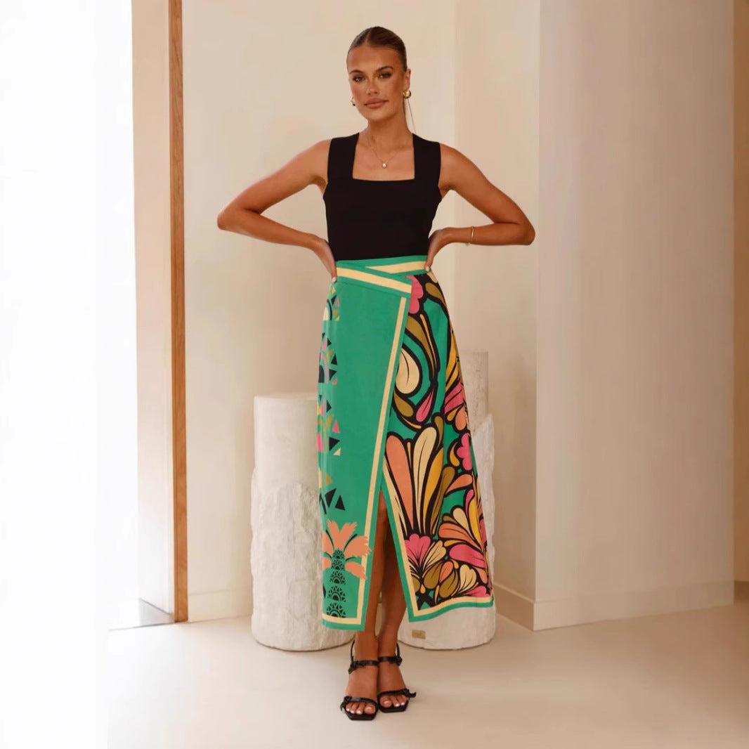 Macy Jupe Midi Femme – Taille Haute Portefeuille med slids & elegant abstrakt print