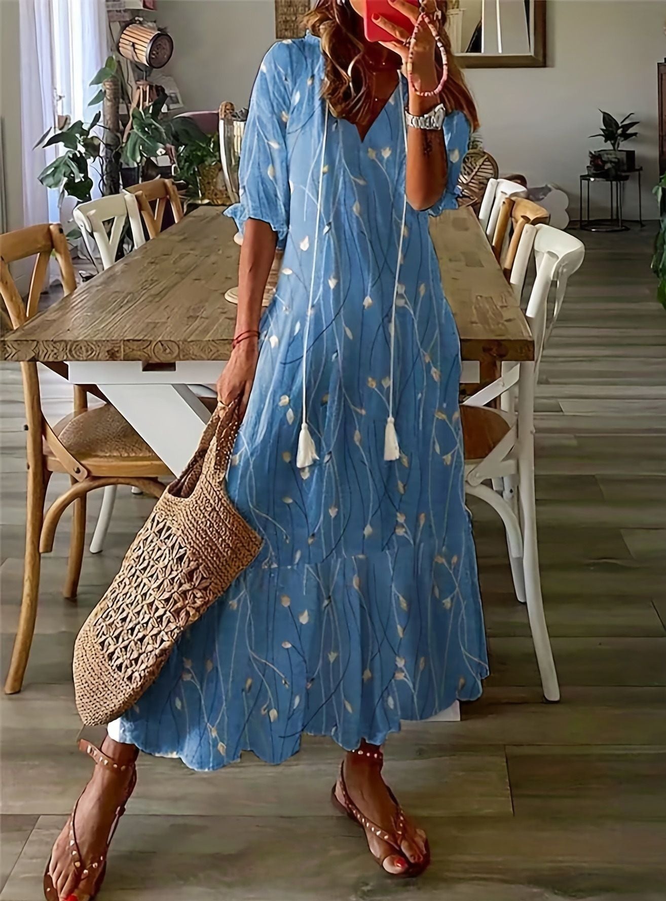 Amelia Lange Damesjurk – Elegante Vintage Jurk met Vloeiende Snit & Verfijnd Detail