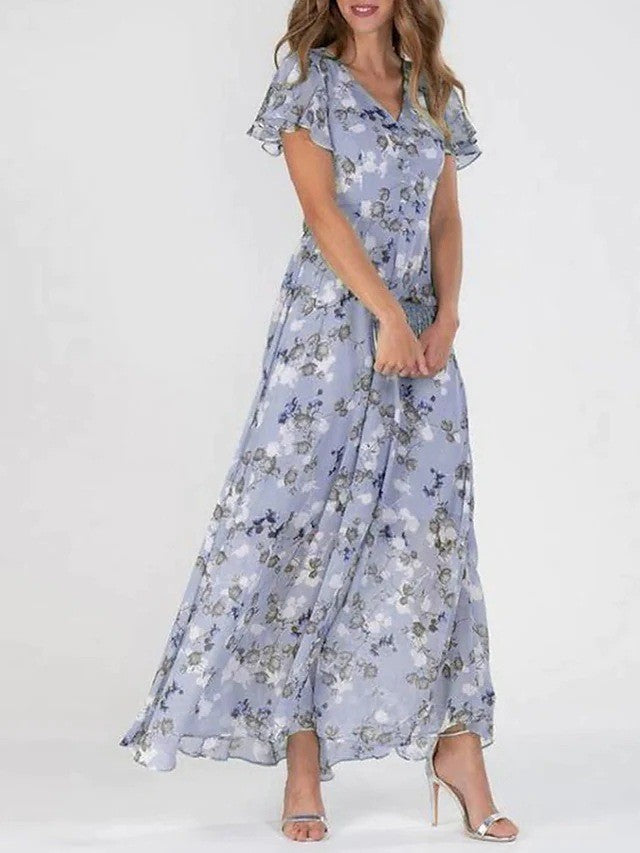 Irene Robe Maxi Femme – Col V Flatterende, Let Blomstret Print & Komfortabel Pasform