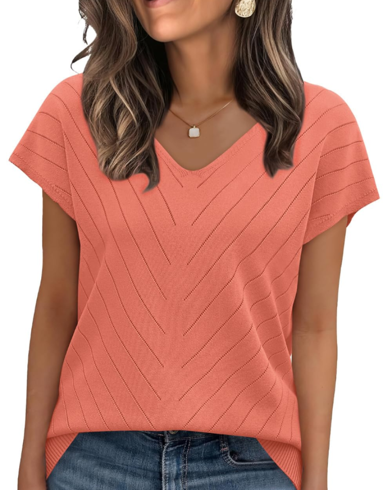 Orina Top Femme – Lagani pulover s kratkim rukavima, V-izrez, elegantan i poslovni casual stil
