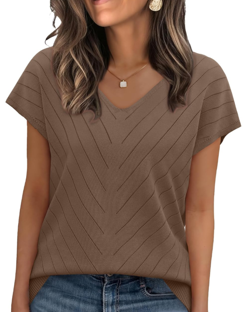 Orina Top Femme – Lagani pulover s kratkim rukavima, V-izrez, elegantan i poslovni casual stil