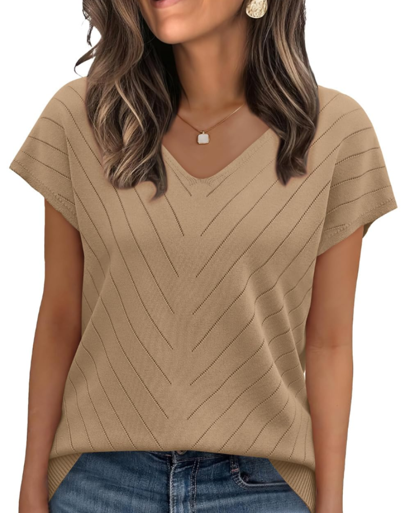 Orina Top Femme – Lagani pulover s kratkim rukavima, V-izrez, elegantan i poslovni casual stil