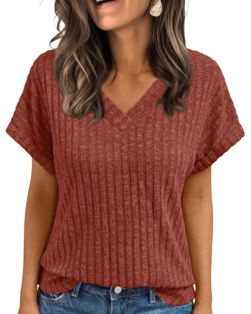 Orla Top Femme – Blouse Col V Élégante à Manches Courtes, Coupe Fluide Casual Chic