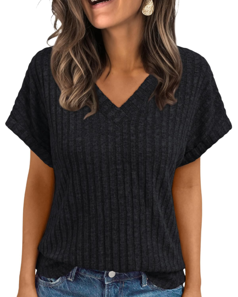 Orla Top Femme – Blouse Col V Élégante à Manches Courtes, Coupe Fluide Casual Chic