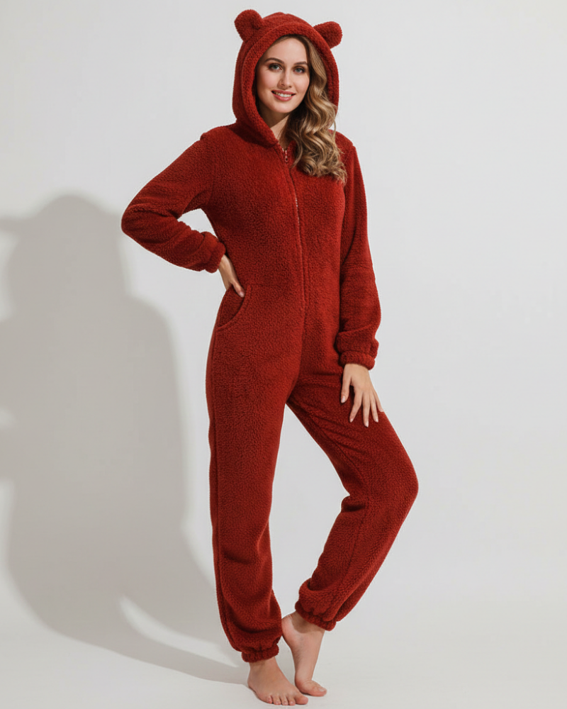 Ellie Dámský Fleece Overal – Měkký a Teplý Jednodílný Oblek s Kapucí a Zipem